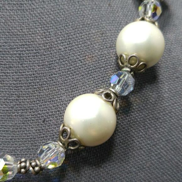 Vintage Glass Pearls Crystal Beaded Necklace, Silver Clasp, Strung on Wire, 17" - Picture 10 of 11